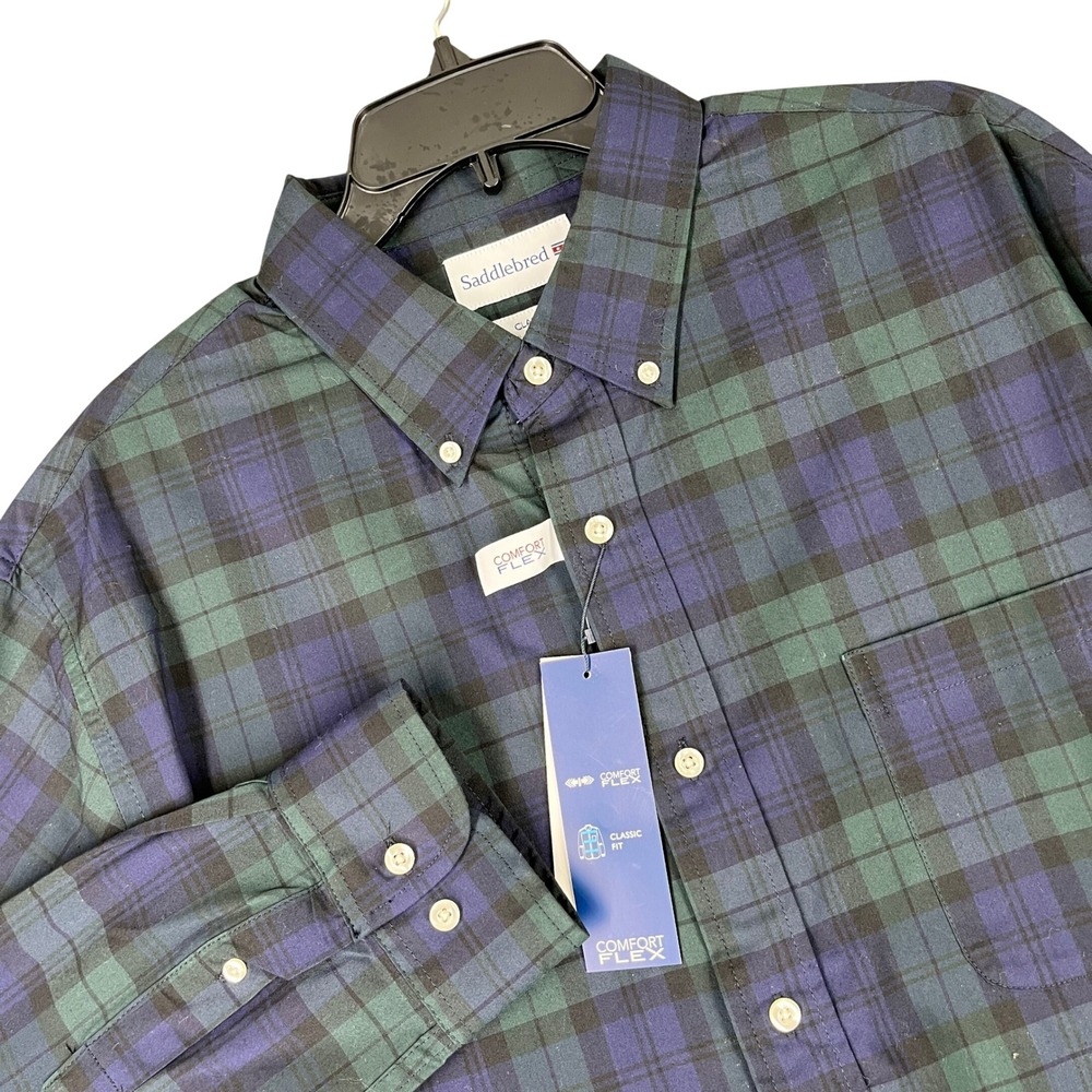 Saddlebred Classic Fit Comfort Flex Black Watch Plaid Button Down Stretch Men XL